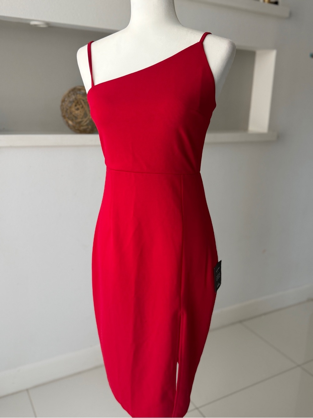 Lulu's Red Asymmetric One-Shoulder Spaghetti-Strap Dress